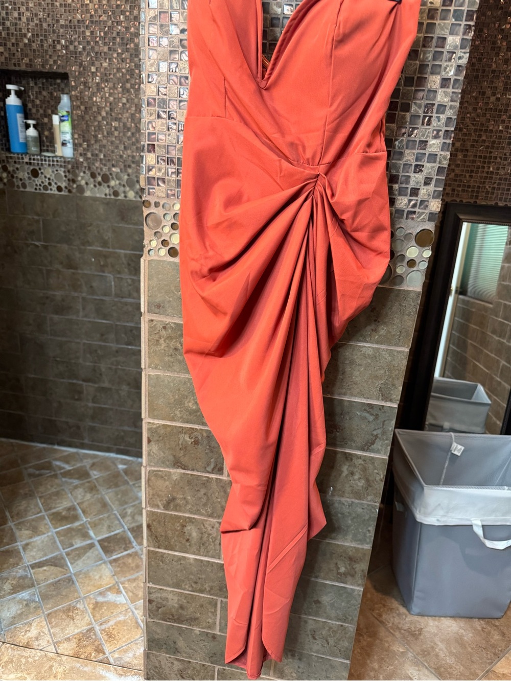 PrettyLittleThing One-Shoulder Draped Rust Orange Evening Dress